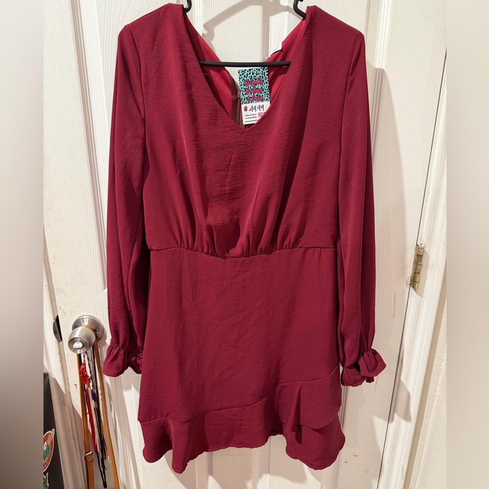 She + Sky Elegant Burgundy Long-Sleeve Dress